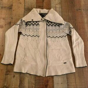 Eddie Bauer womens size medium winter knit full zip cowl neck jacket white gray